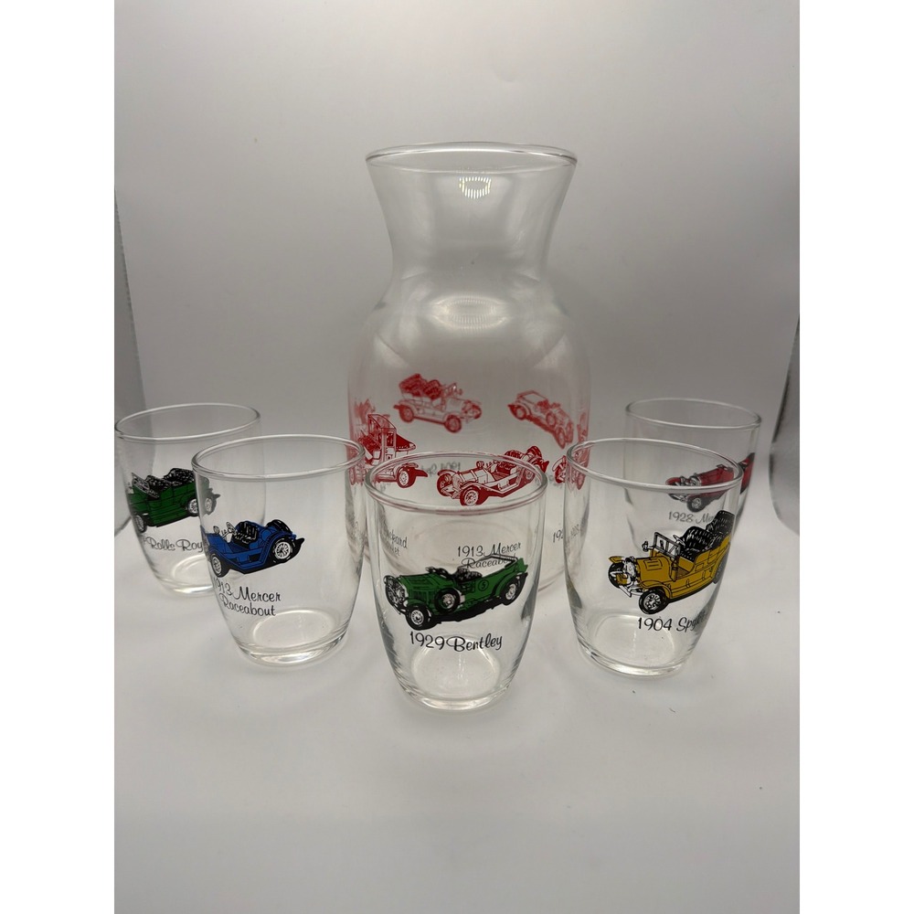 Vintage Antique Car Glass Carafe and 5 Tumbler Set Rolls Royce Bentley Mercedes